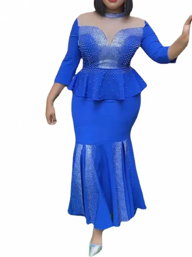 

2 Piece Set Long Skirt Outfits African Clothes For Women Party Evening Wear Hot Diamonds Top Wrap Hip Skirt Lady Matching Sets