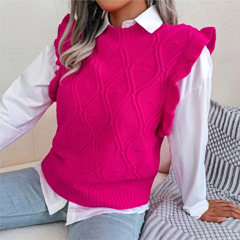 

European and American style solid color sleeveless new women's autumn/winter 2023 wooden ear edge diamond knit vest sweater