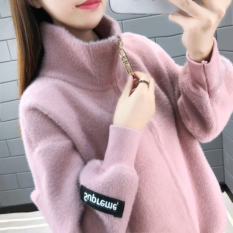

Women Autumn Winter Loose Casual Imitation Mink Solid Color Knit Turtleneck Cardigan Sweater Female Thicken Warm Sweater T598