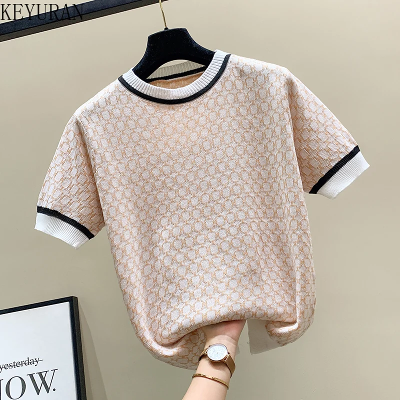 

Женская тонкая трикотажная футболка Camisetas 2022, женские летние трикотажные топы из ледяного шелка с коротким рукавом, женские повседневные свободные полосатые футболки для женщин
