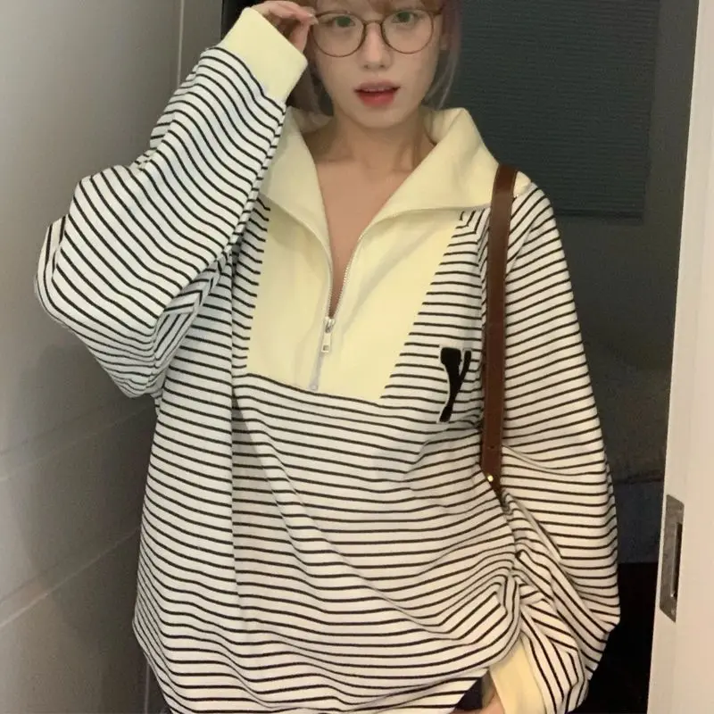 

QWEEK Vintage Hoodies Women Korean Style Oversize Striped Sweatshirt Half Zip Up Hoodie for Girls Kawaii Harajuku Streetwear Alt