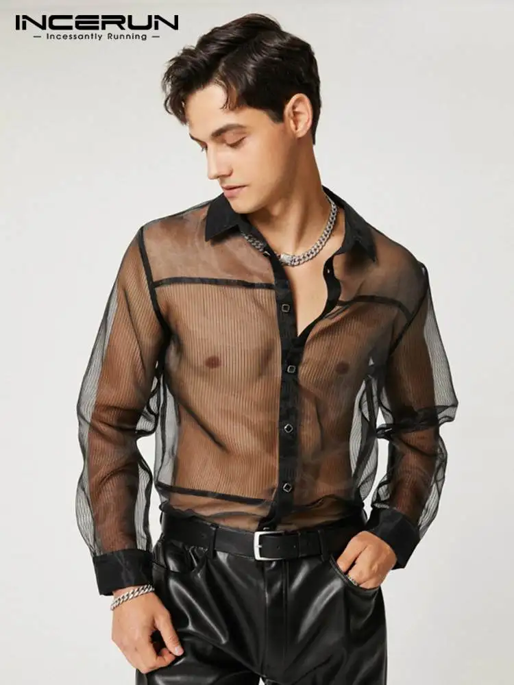 

INCERUN Men Shirt Mesh Patchwork See Through Lapel Long Sleeve Sexy Streetwear Men Clothing 2022 Fashion Party Nightclub Camisas