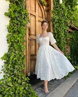 sevintage white lace appliques prom dresses puff sleeves sweetheart tea length a line evening gown formal party dress 2022