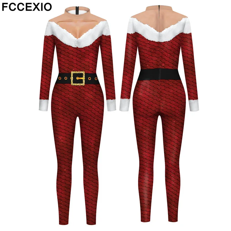 

FCCEXIO Women Christmas Belt 3D Print Cosplay Costume Sexy Jumpsuit Bodysuit Adult Carnival Party Clothing monos mujer Xmas