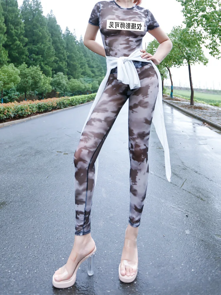 

Спортивные брюки, обтягивающие штаны, камуфляжный сетчатый прозрачный сексуальный комплект для занятий йогой, сексуальный топ-краска, 2023, Женский комплект Sweet J4SI