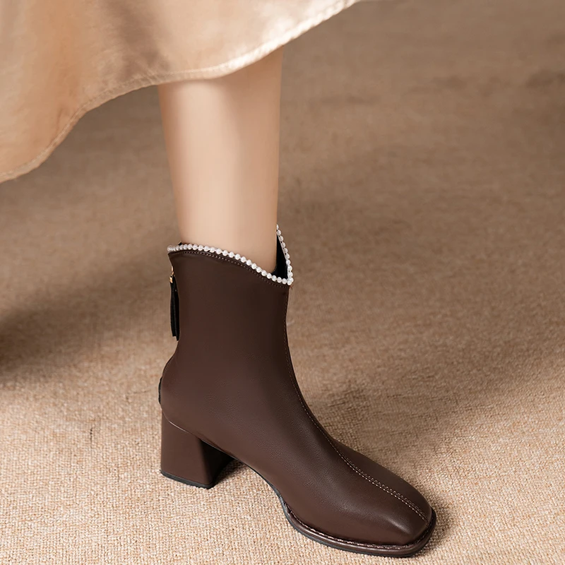 Женские кожаные ботильоны в стиле ретро ботинки на высоком каблуке с квадратным