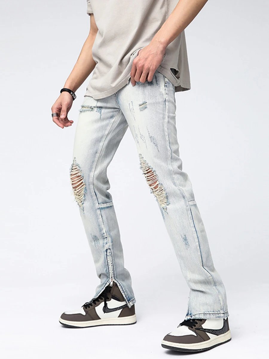 Four Seasons Men's Jeans American High Street Washed Ripped Slim Fit Hem Zip Trousers Y2k Men Jeans Streetwear Men Ins Hot Sale