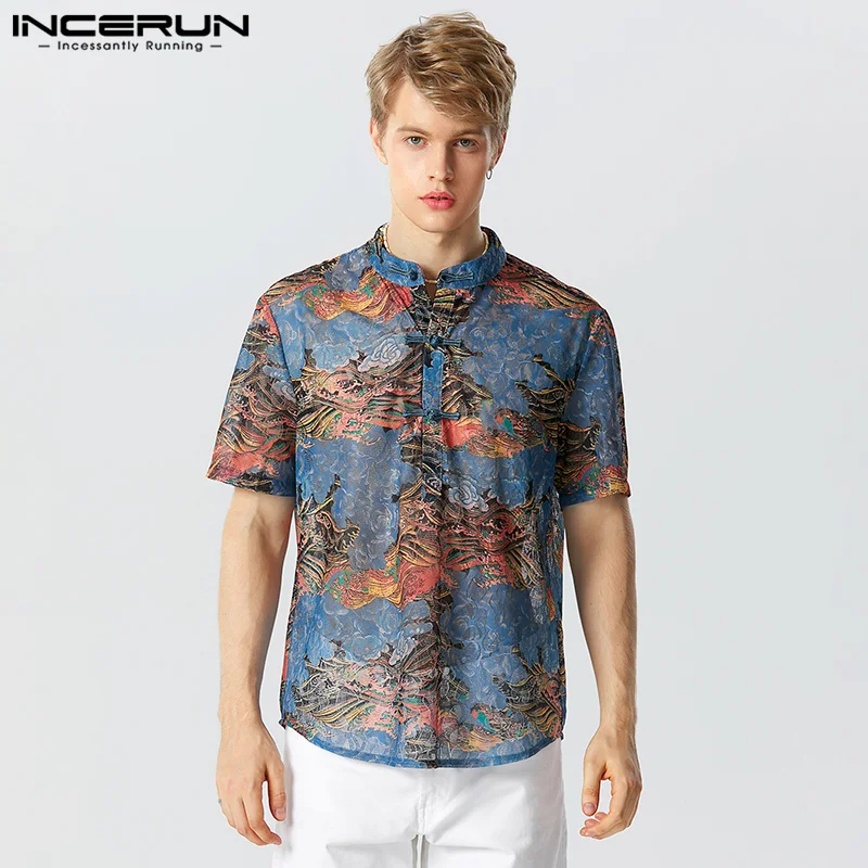 

Fashion New Men's Button Print Shirts Casual Personality All-match Short Sleeve Lapel Blouse S-5XL INCERUN Chinoiserie Tops 2023