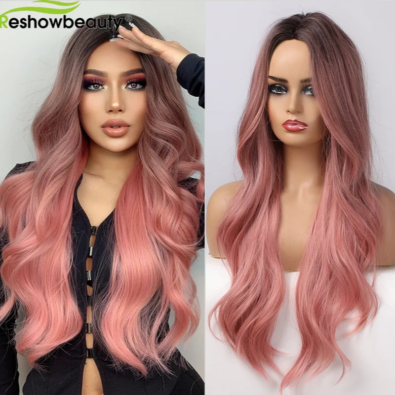 

Reshowbeauty Long Wavy Synthetic Wigs Ombre Brown Gray Wig With Bangs Lolita Pink Cosplay Party Hair Daily Use Wig For Women