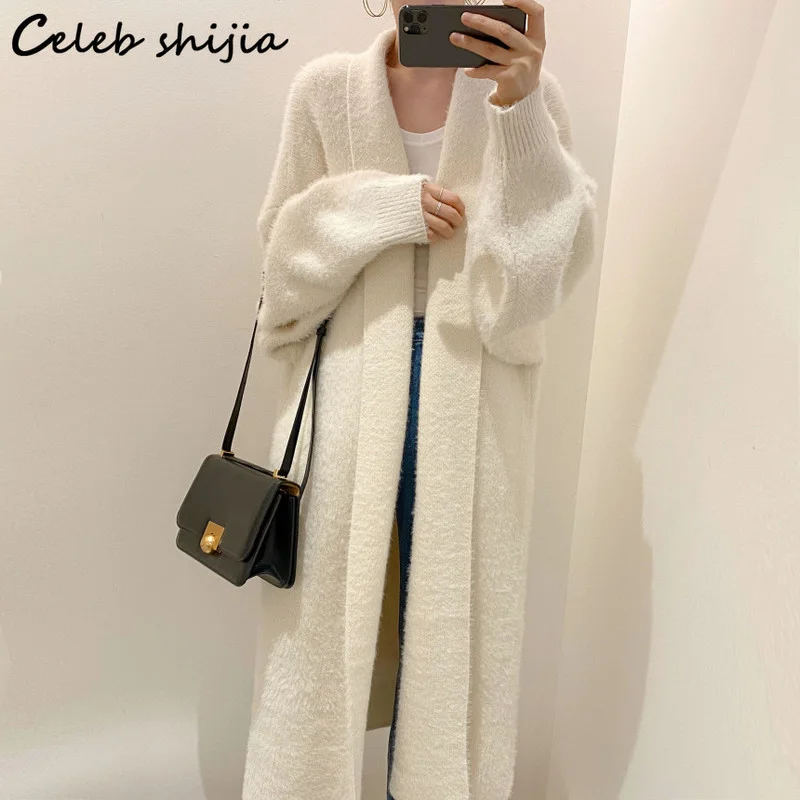 

New Winter Mink Cashmere Cardigans Women Elegant Loose Knitted Cardigans Woman Korean Streetwear Long Knit Coat Autumn