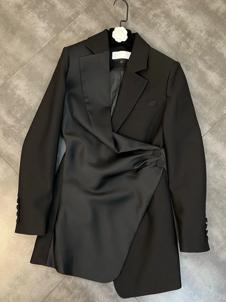 Spring 2022 New Arrival Long Sleeve Turn Down Collar Irregular Double Buttons Black Slim Blazer Women Suit Coat GD688