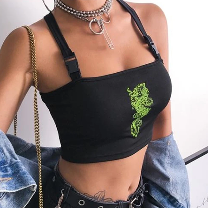 

Chinese Style Streetwear Crop Top Women Cami Dragon Embroidery Buckle Criss-Cross Summer Tank Top Short Women Sports Tank Tops