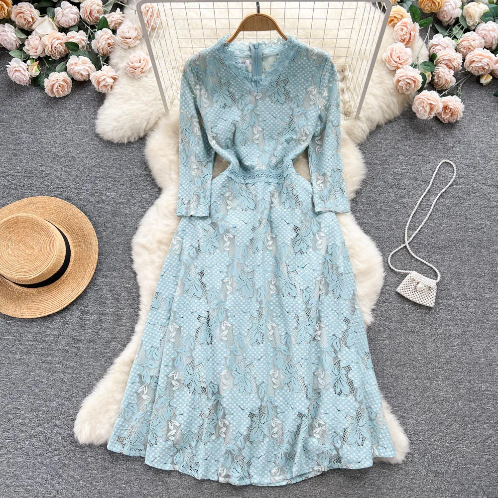 Ladies Lace A-line Dress Women New Fashion Spring Embroidered Long-sleeved French Retro Elegant Clothes Vestidos De Mujer K354