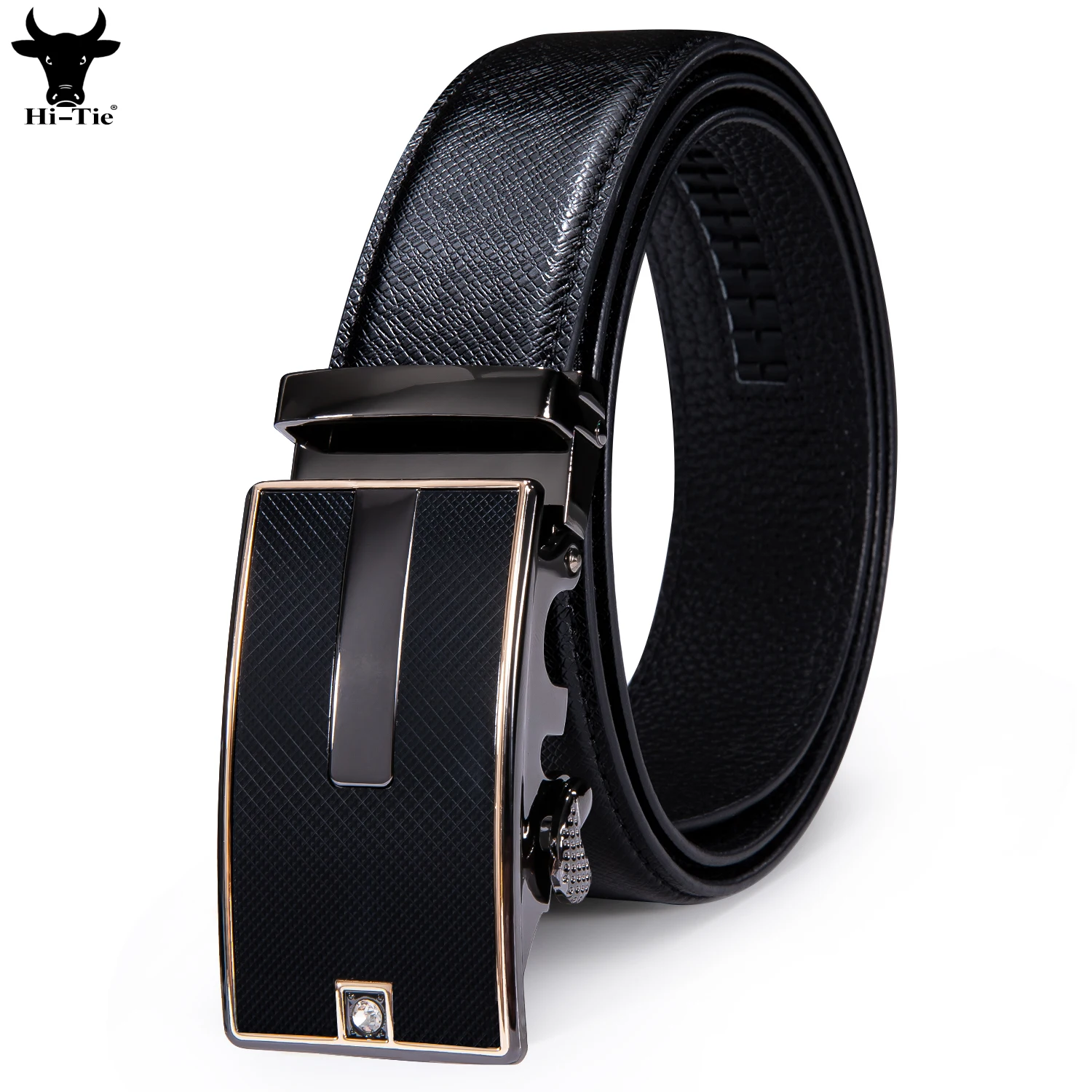 Hi-Tie Luxury Automatic Buckles Mens Belts Black Genuine Leather Ratchet Vintage Waistband Belt for Men Jeans Dress Business XXL