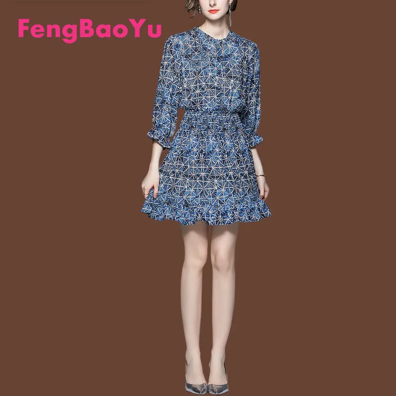 

Fengbaoyu Summer Women Seven-quarter Sleeve dress Blue Star Waist Slimming Skirt Temperament Personality Fashion Women's Wear
