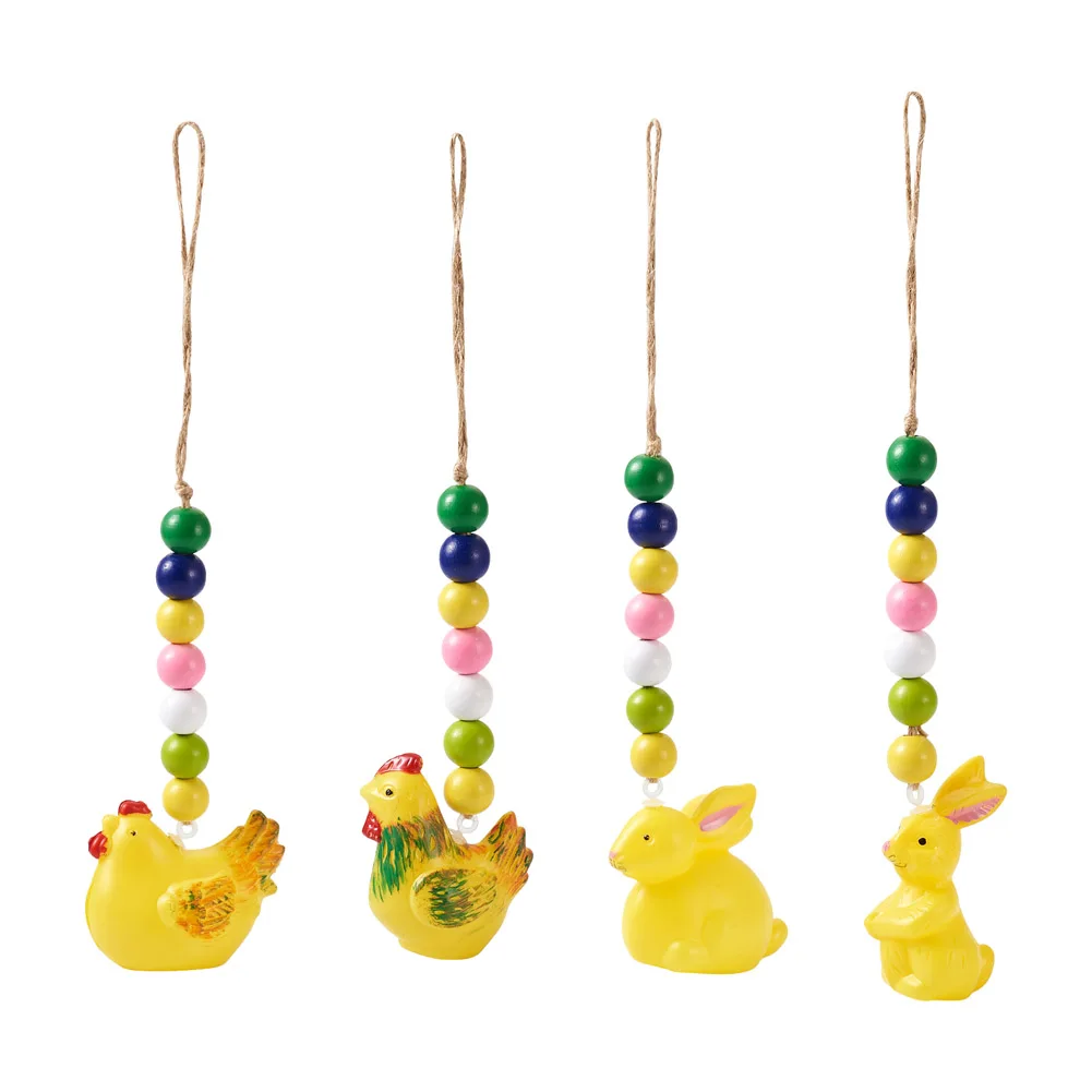 

4Pcs Plastic Hen & Rabbit With Wooden Beads Pendant Decorations For Easter Theme Keychain Hanging Drop Home Garden Decorations