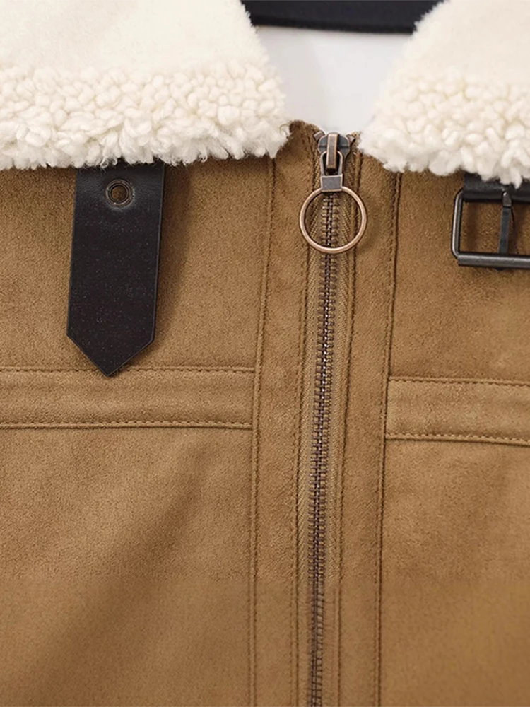 Двусторонняя куртка на молнии замшевое коричневое флисовое короткое пальто