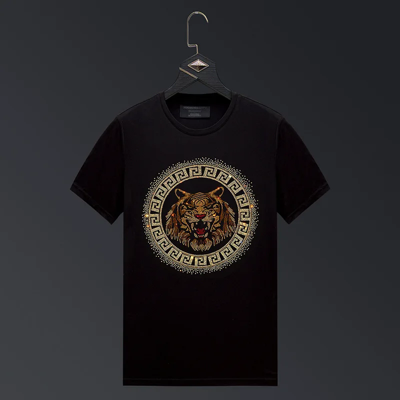 

2023 Summer Mens T Shirt Tiger Head Rhinestones Fashion Streetwear O Neck Short Sleeve Slim Casual T-shirt for Men Plus Size 6XL