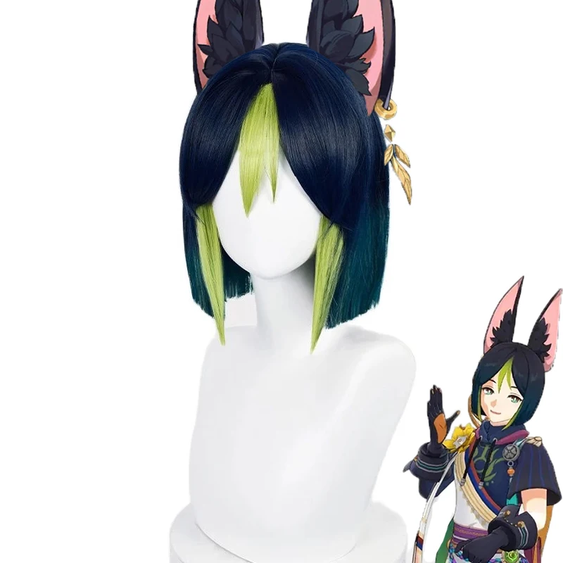 

Sumeru Tighnari Cosplay Wig Game Genshin Impact Tighnari Three Color Gradient Synthetic Hairpiece Halloween Role Play + Wig Cap