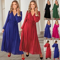 autumn new elegant v neck swing pleated dress ruffled chiffon long sleeve ladies christmas party red maxi green dress with belt