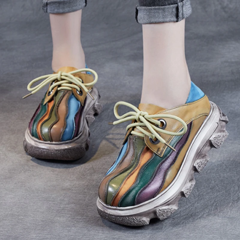 

Female Retro Mixed Colors Pumps Genuine Leather Women Shoes 2022 New Spring Round Toe Lace-up Handmade Lesiure Platform Shoes