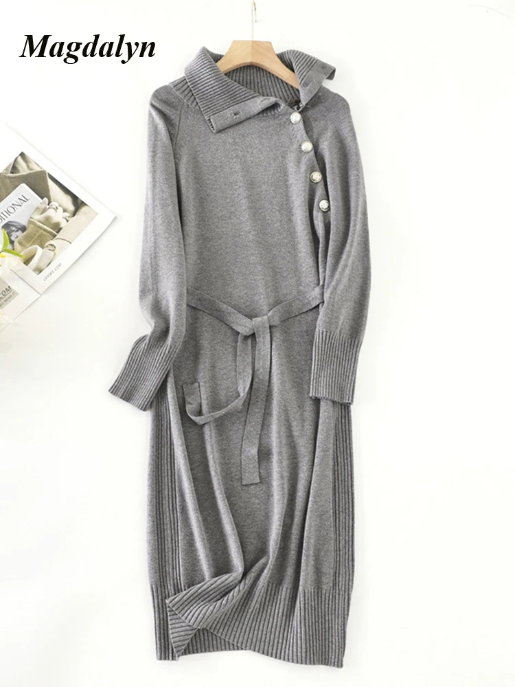 Magdalyn женское трикотажное осеннее длинное платье средней длины на пуговицах