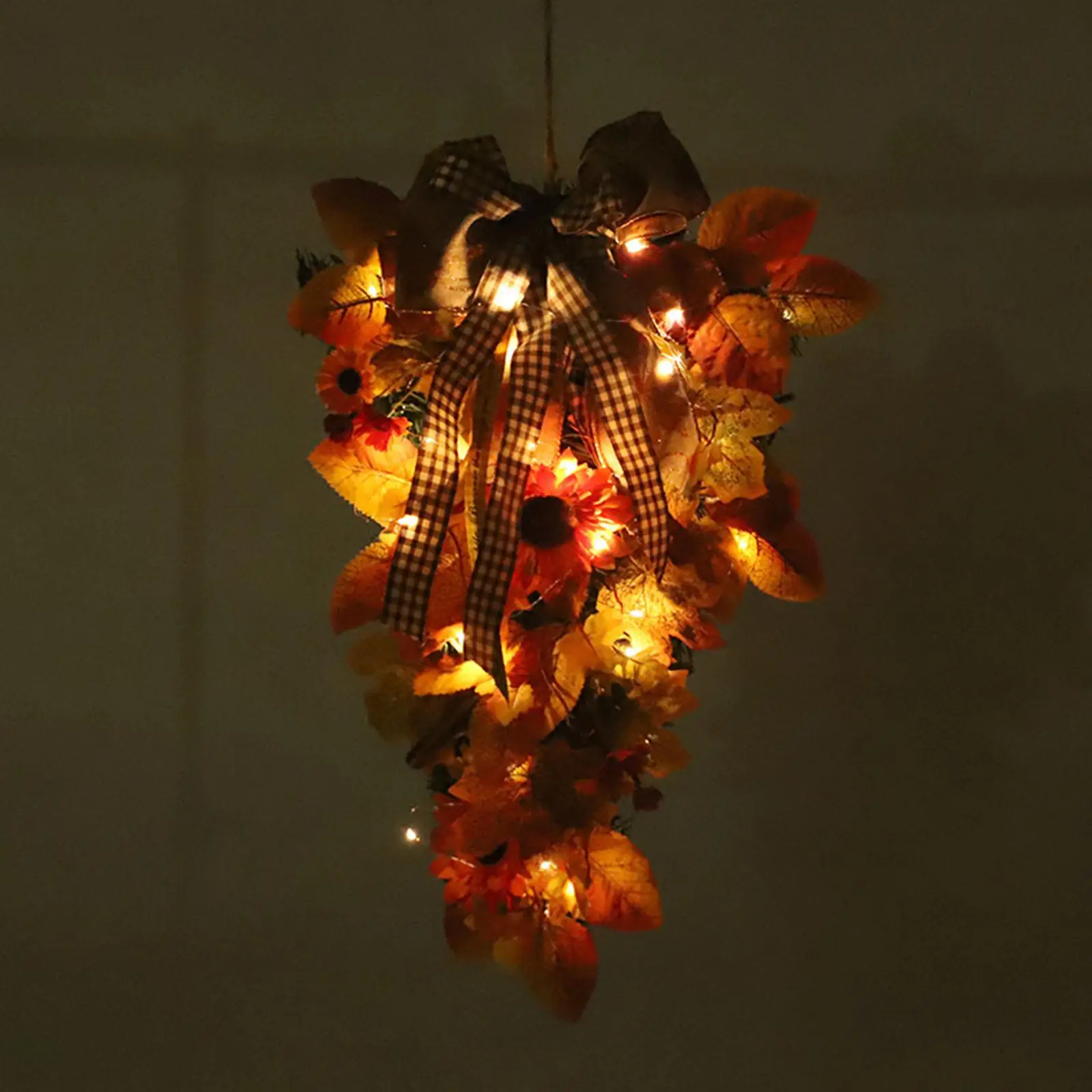 

Artificial Teardrop Wreath Floral Swag Welcome Sign Garland with Light Maple Leaf Wreath for Holiday Window Home Door Decoration