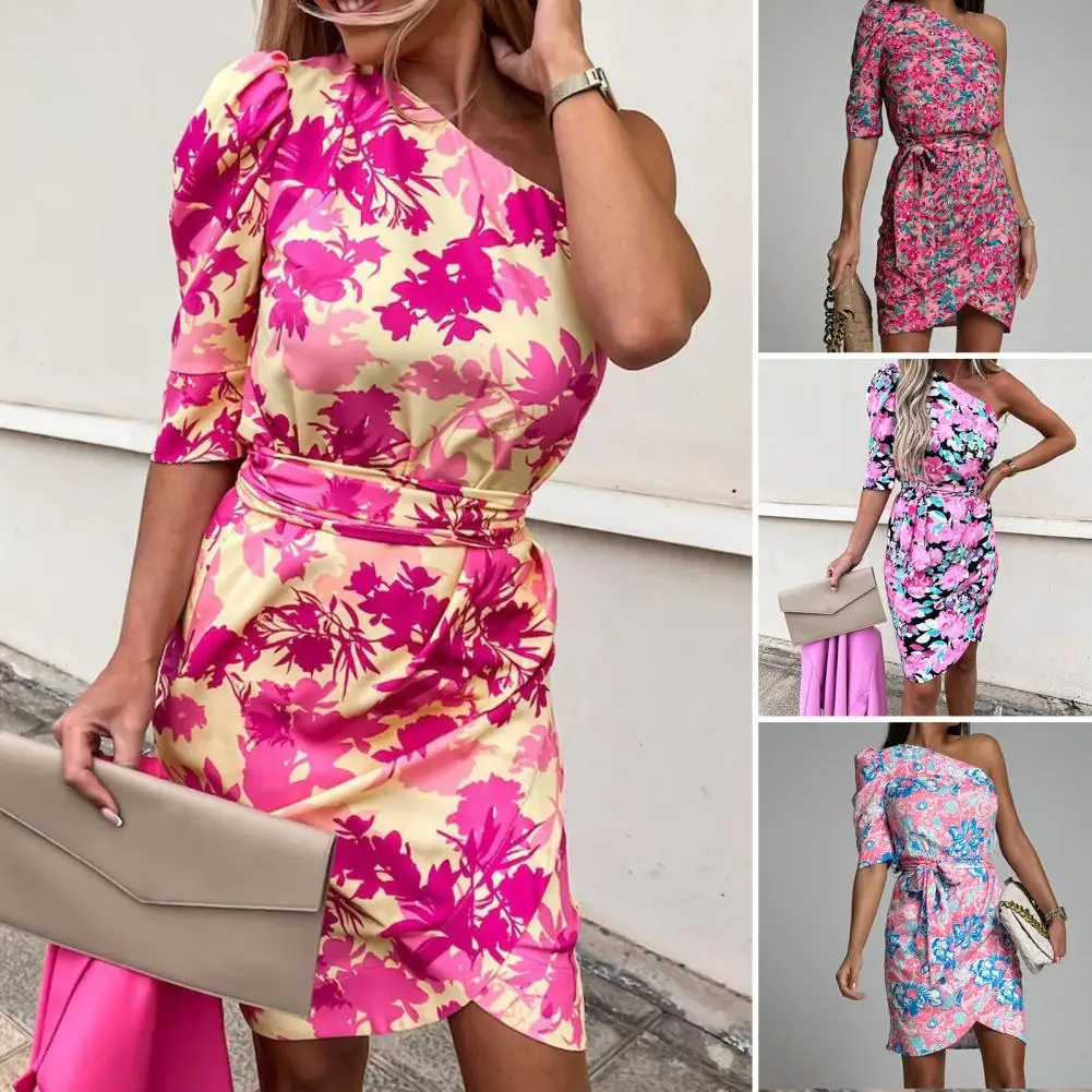 

Party Dress Half Sleeve Skin-touching Belt Vivid Flower Pattern Summer Skinny Dress Mini Dress for Vacation