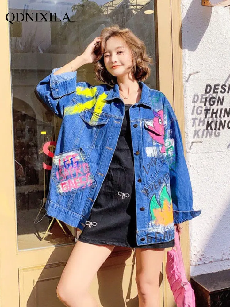 

Women's Spring Jackets 2023 Korean Fashion Female Outer New Outerwear Street Splash-ink Hip-hop Graffiti Denim Jacket Woman