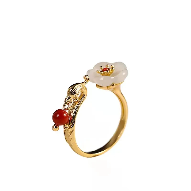 Original design natural hetian white jade flower engagement rings for women adjustable fresh sweet delicate luxury jewelry images - 6