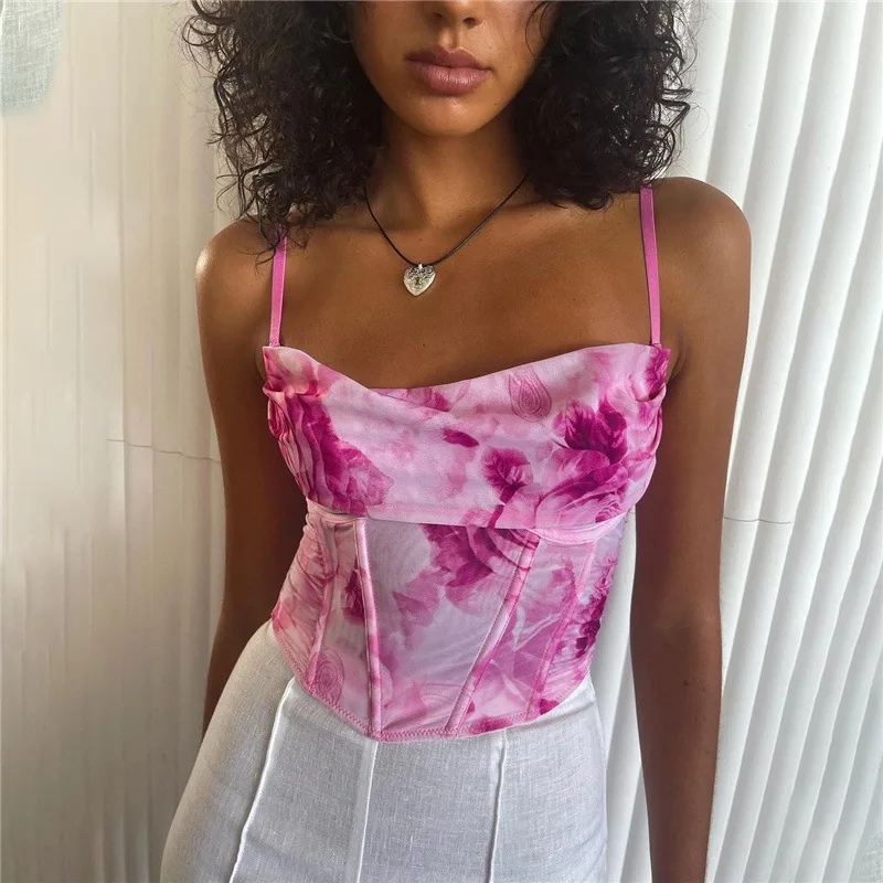 

Sexy Floral Camisole Crop Tank Tops Women Straps Backless Camis Elegant Fashion Bustier Top Summer Chic Pink Cami Tops