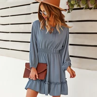 new waist dress 2022 autumn long sleeved solid color a line skirt niche popular blue