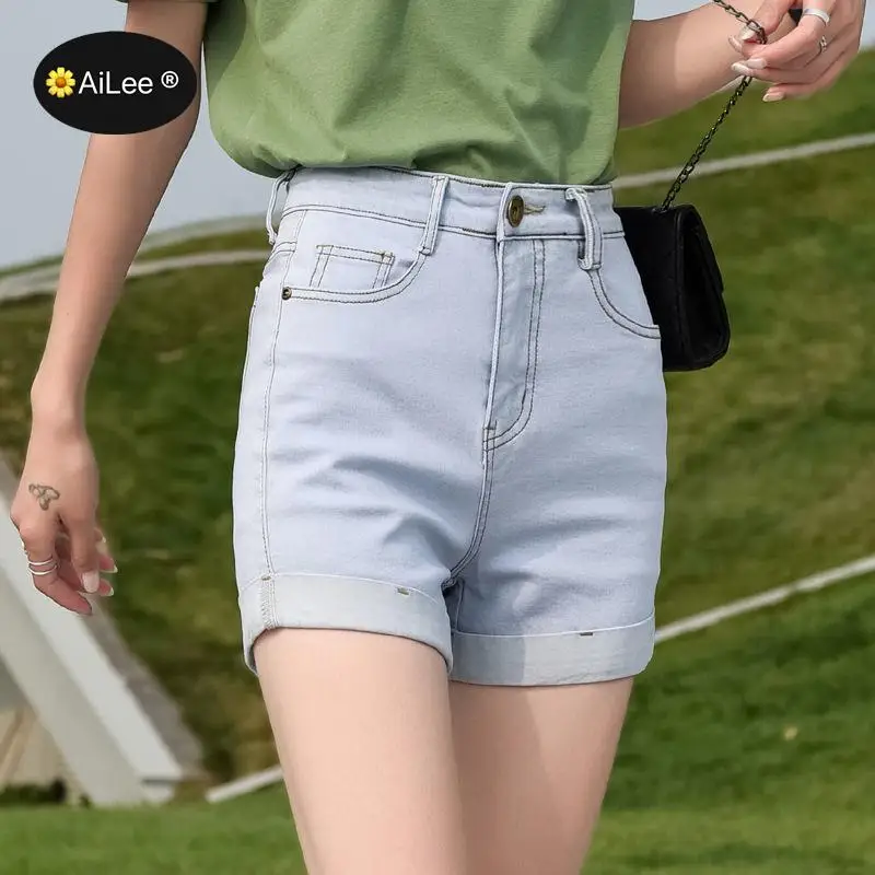 Summer women fashion straight high waist hell rolled up denim shorts female trendy skinny jean casual bottom student shorts
