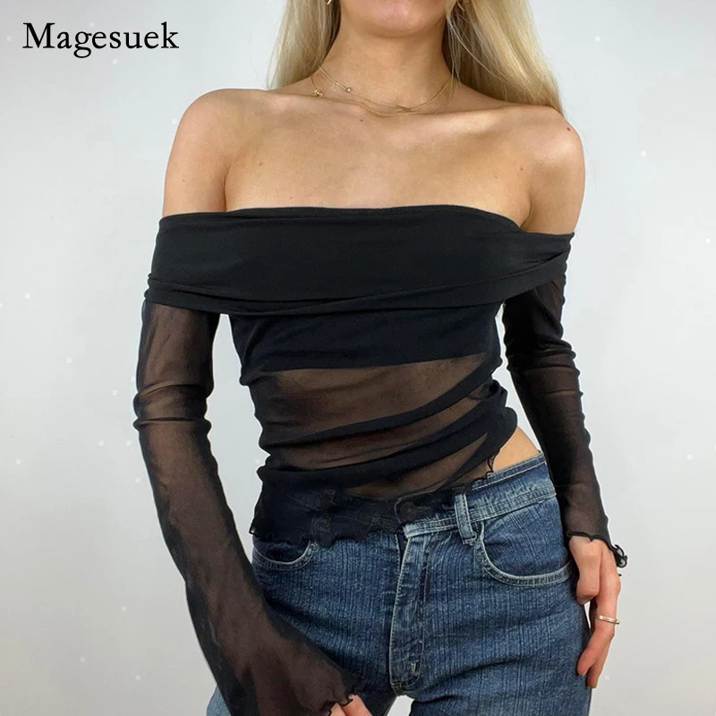

2022 Summer New Pullover Off Shoulder Tops Women Sexy Long Sleeve Perspective Stitching Blouse Casual Women's Mesh Blouse 20691