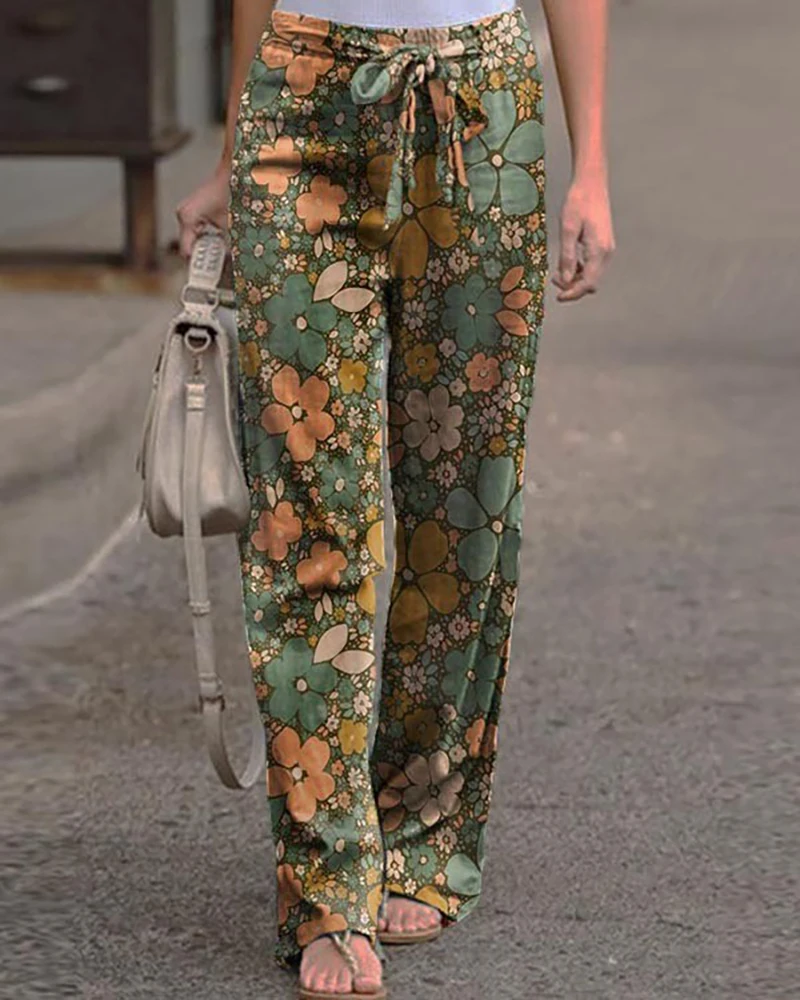 

Women's Retro Cotton Linen Trousers Casual Flower Print High Waist Long Pants Elastic Waist Wide Leg Pockets Trousers