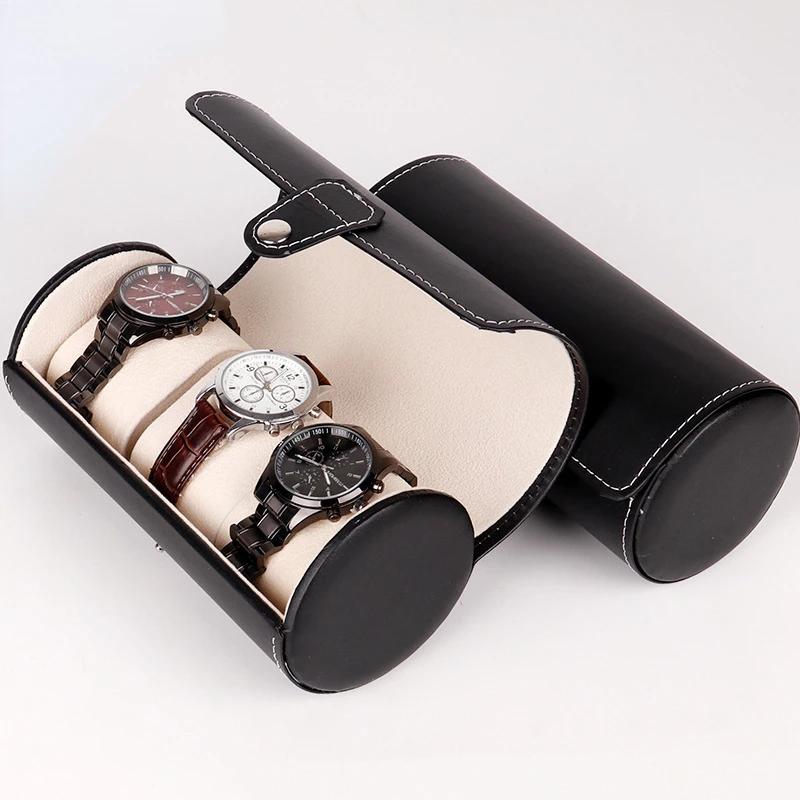

Fashion Black Watch Box PU Leather 3 Slot Roll Case Jewelry Storage display packaging box Handy Travel Pouch Organizer