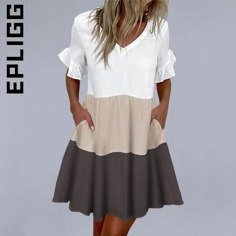 

Платье Epligg женское с коротким рукавом, мини-платье для отдыха, уличная одежда с оборками и V-образным вырезом, одежда для девушек