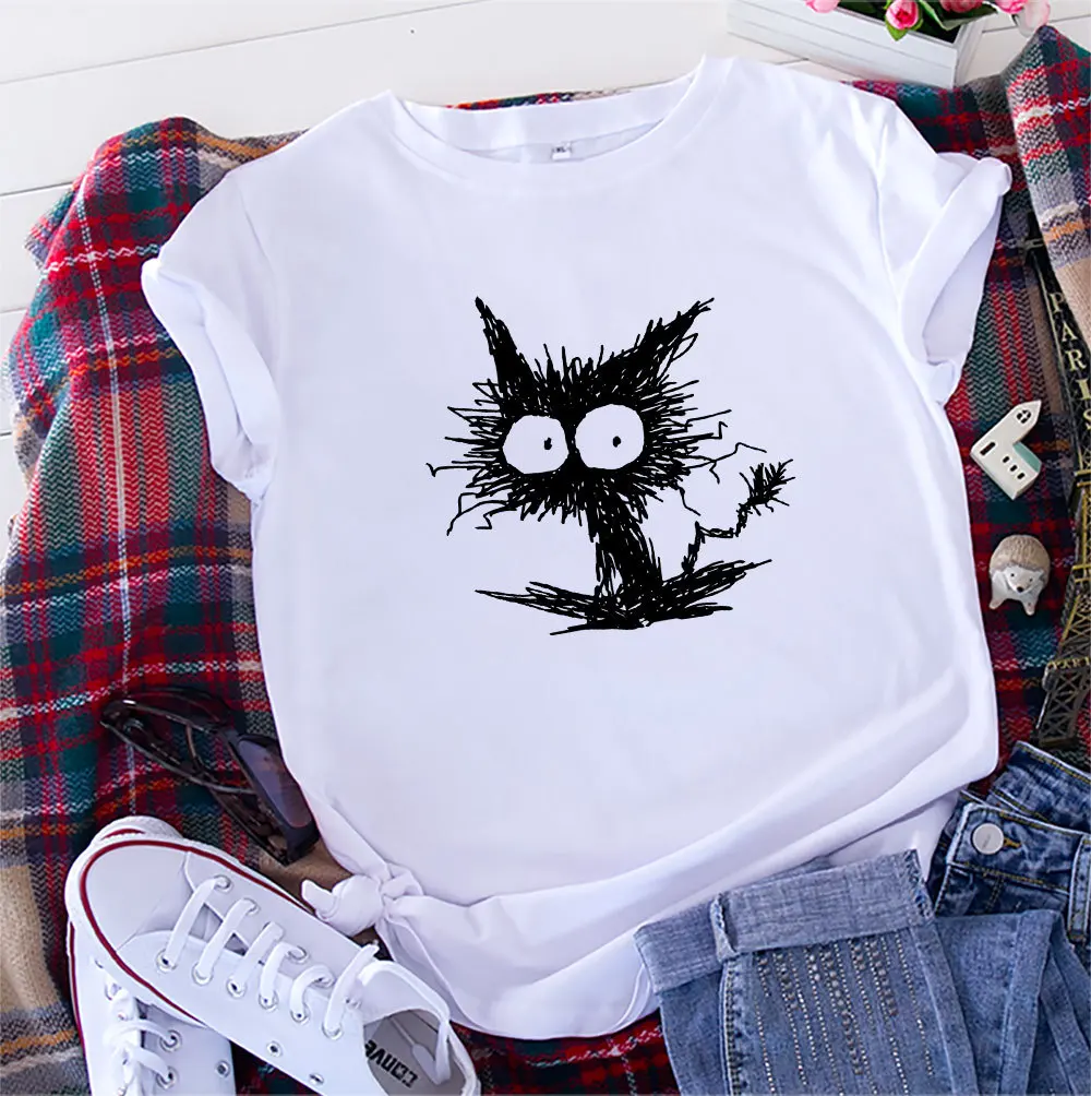 

Cat Print Casual Cotton Short Sleeve T-Shirt Women