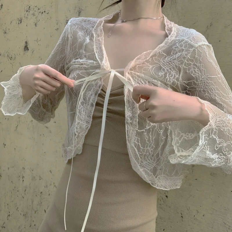 Женский кружевной кардиган с V-образным вырезом на бретелях | Женская одежда