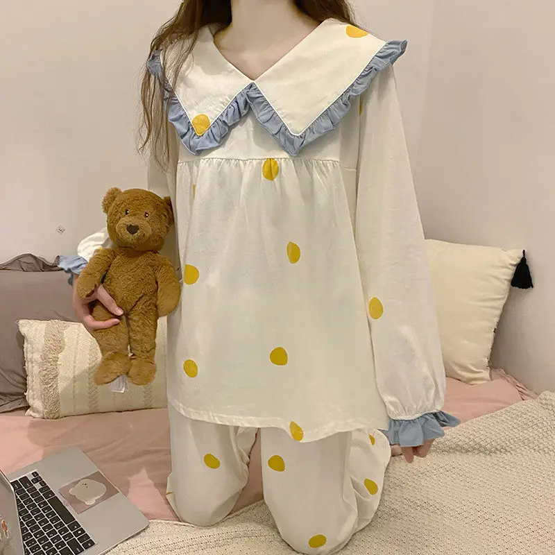 QWEEK Kawaii Pajama Womens Two Piece Sets Polka Dots Ruffles Pijamas Navy Collar Sleepwear  Loungewear Spring Autumn Pyjamas