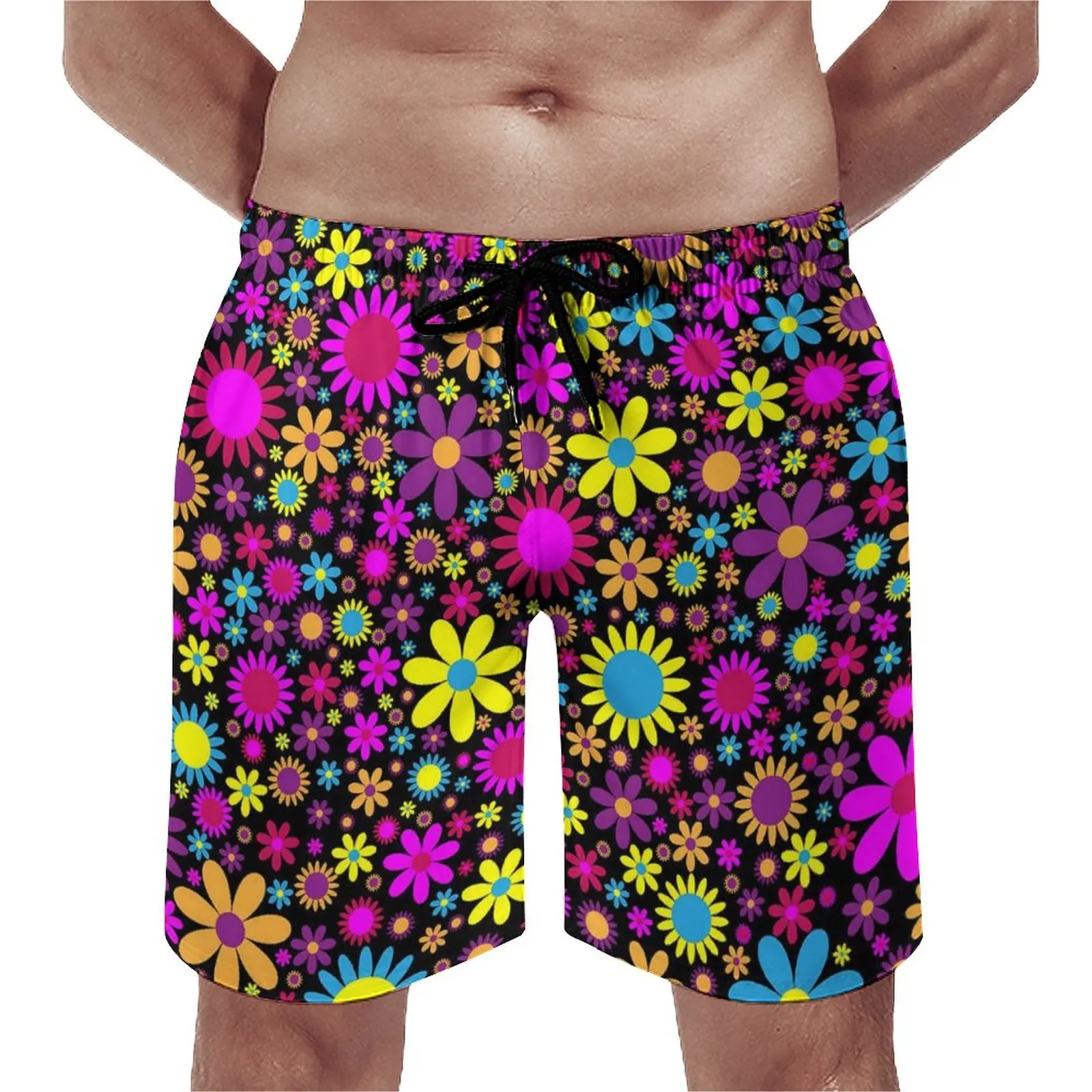

Yellow Daisy Print Board Shorts Summer Flower Power Casual Board Short Pants Men's Sportswear Fast Dry Graphic Beach Trunks