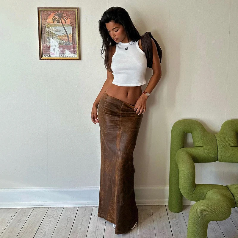 

Clinkly American Retro Pu Leather Skirt For Women 2023 New Low Waisted Autumn Vintage Straight Trumpet Long Skirt Fashion 90s