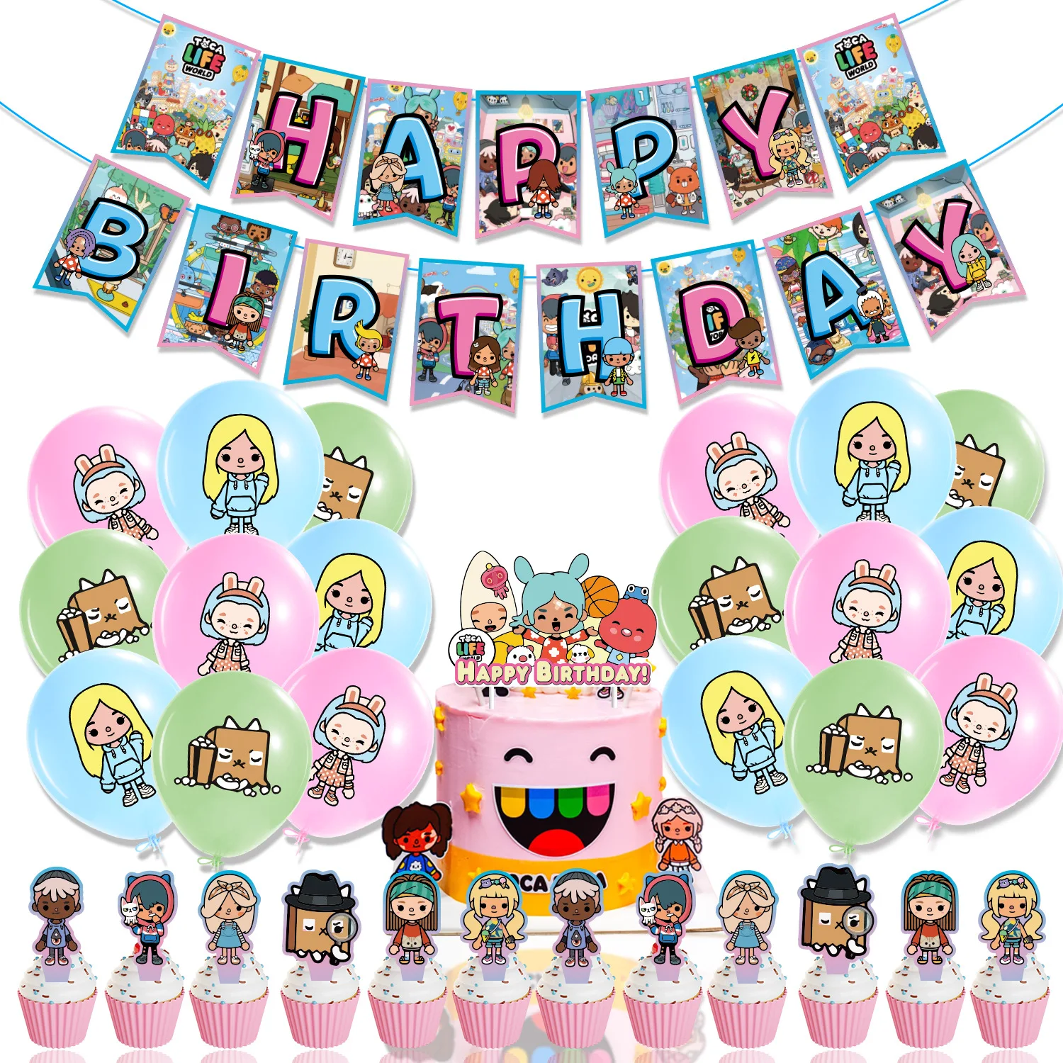

Tocas Life World Party Supplies Game Theme Latex Balloons Happy Birthday Banner Kids Boy Girl Cake Topper Decoration Photo Props