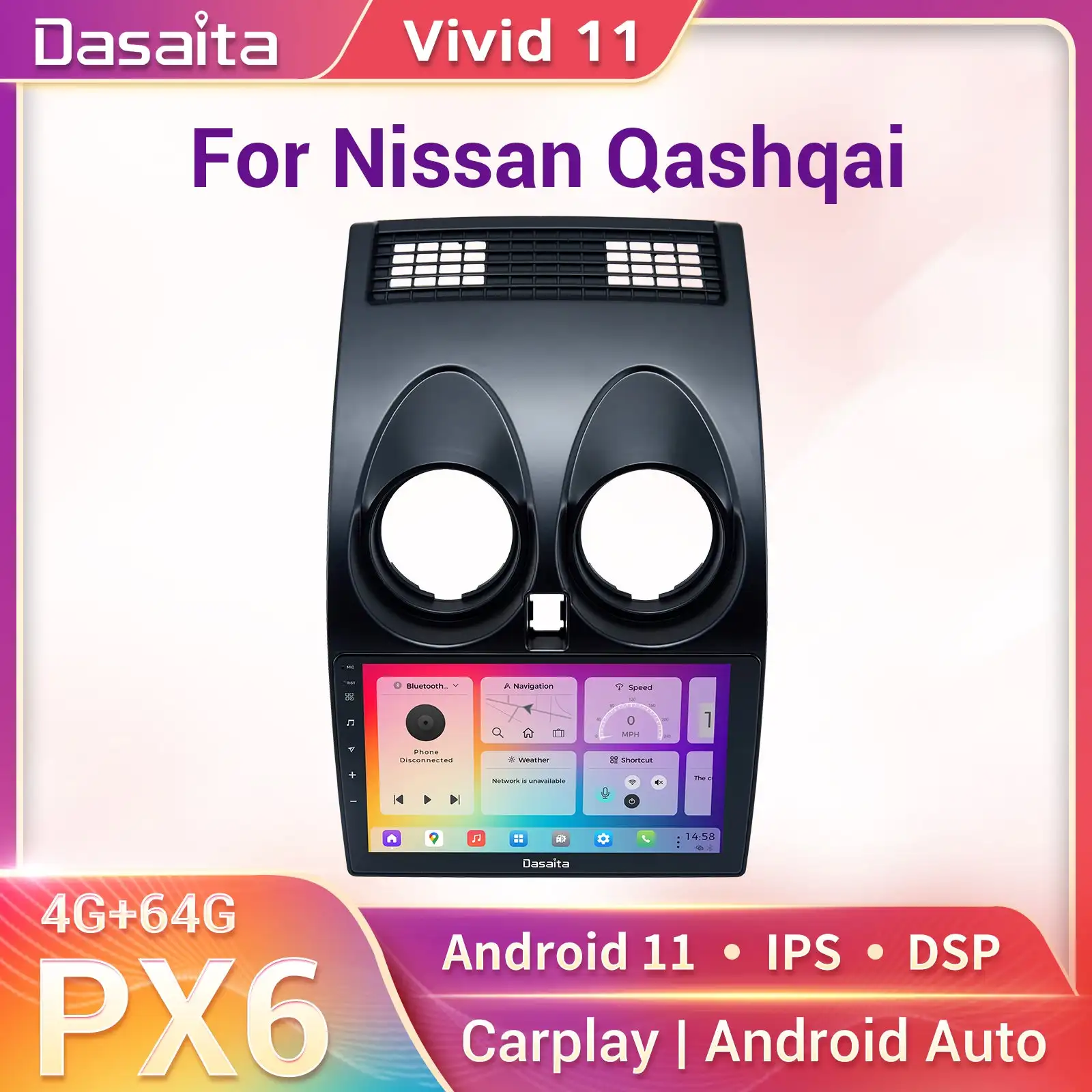 

Dasaita Vivid11 Nissan Qashqai 2008 2009 to 2014 Car Stereo 9" Carplay Android Auto PX6 4G+64G Android11 1280*720 DSP AHD Radio