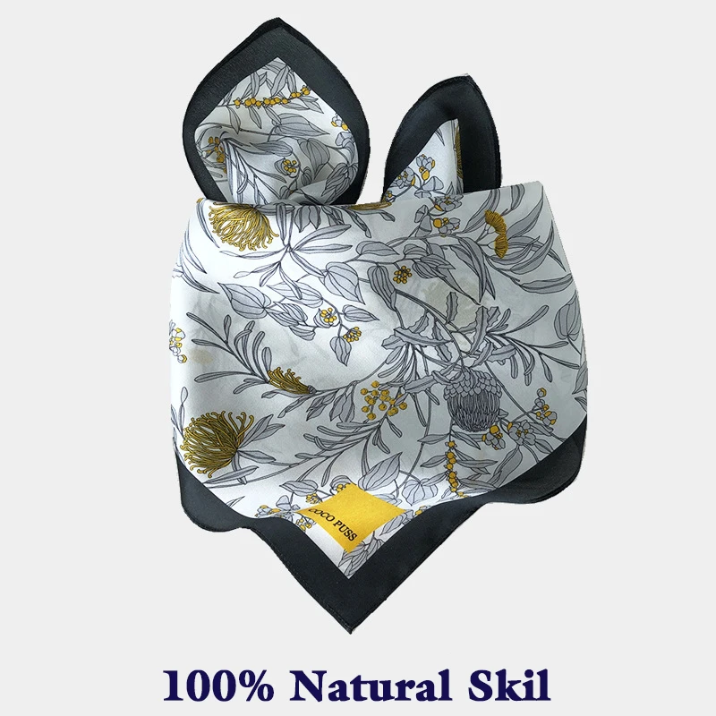 

100% Real Silk Twill Scarf Printed with Flowers Head Scarfs Women Elegant Soft White Square Bandana Shawl Luxury Gift for Lady
