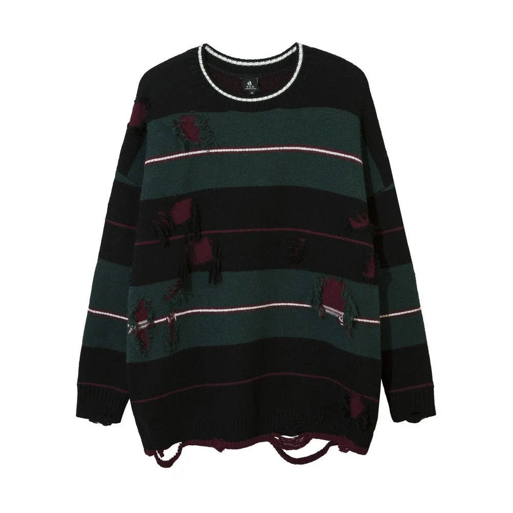 

Long Sleeve Distressed Stripped Knit Sweater for Men Ripped Holes Oversized Men's Y2k Grunge Winter Clothes Tops Streetwear