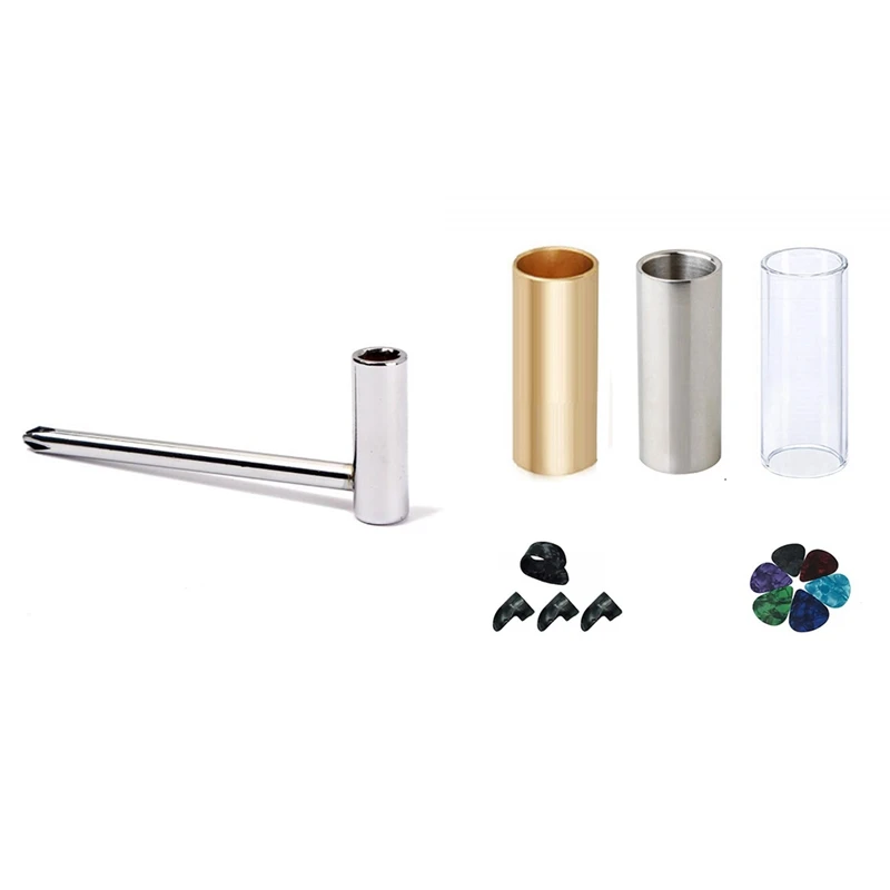 

1 Piece Taylor Guitar Wrench with 1 Glass Slide, 1 Steel and 1 Brass Guitar Slide, 6 Pcs Guitar Picks and 4 Finger Picks