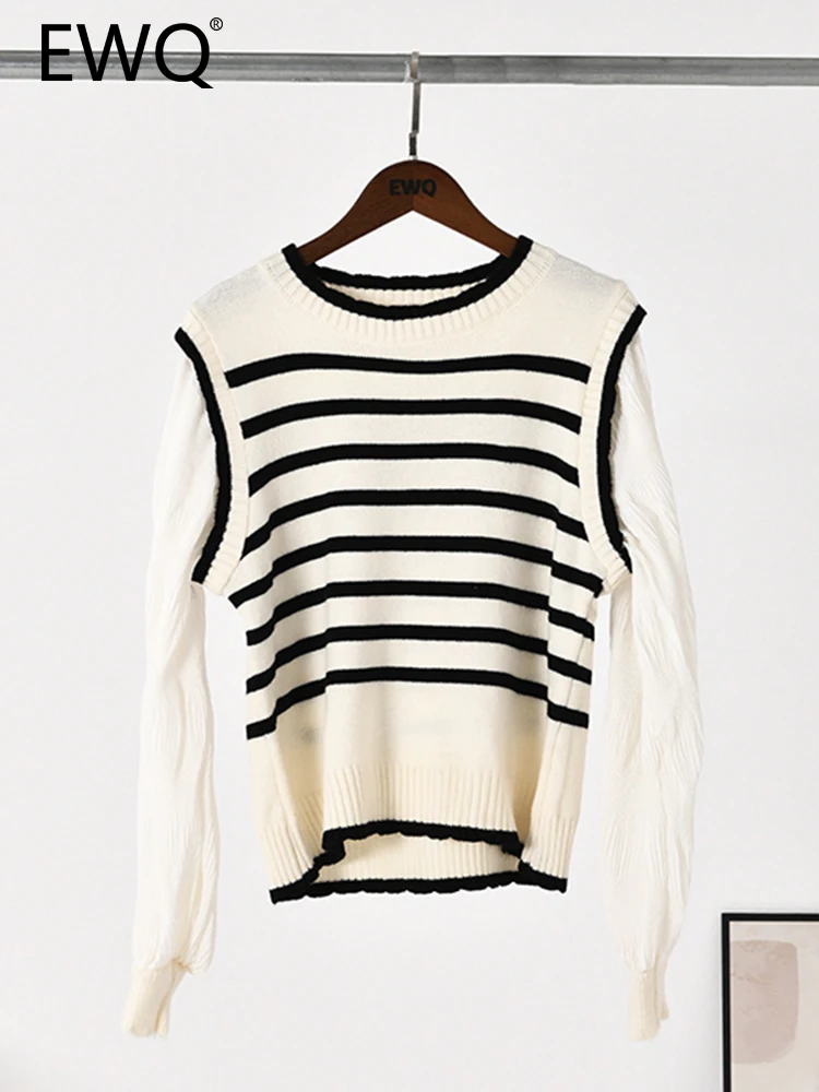 

EWQ Fake Two Pieces Patchwork Striped Sweater Pullover For Women O-neck Long Sleeve Female Knitting Pullovers Tops 2023 Autumn