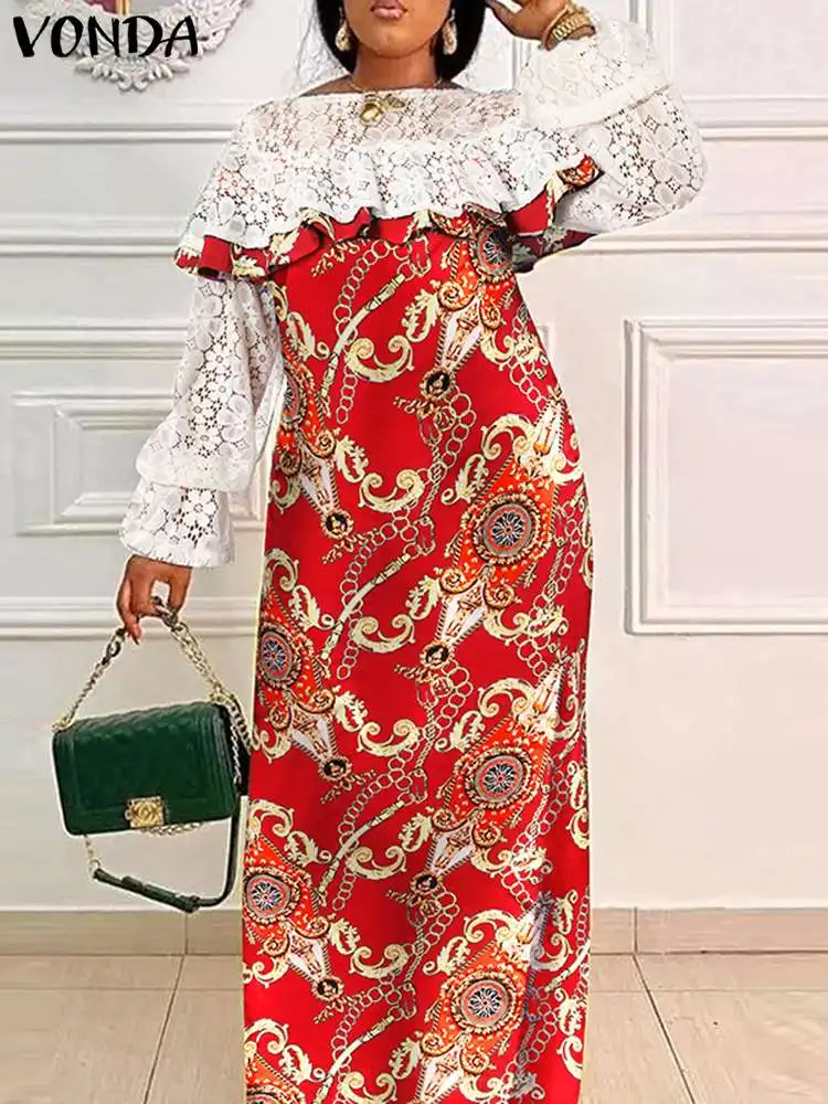 

Maxi Long Dress 2023 VONDA Women Summer Sundress Long Sleeve Printed Maxi Sundress Casual Loose Lace Patchwork Beach Robe