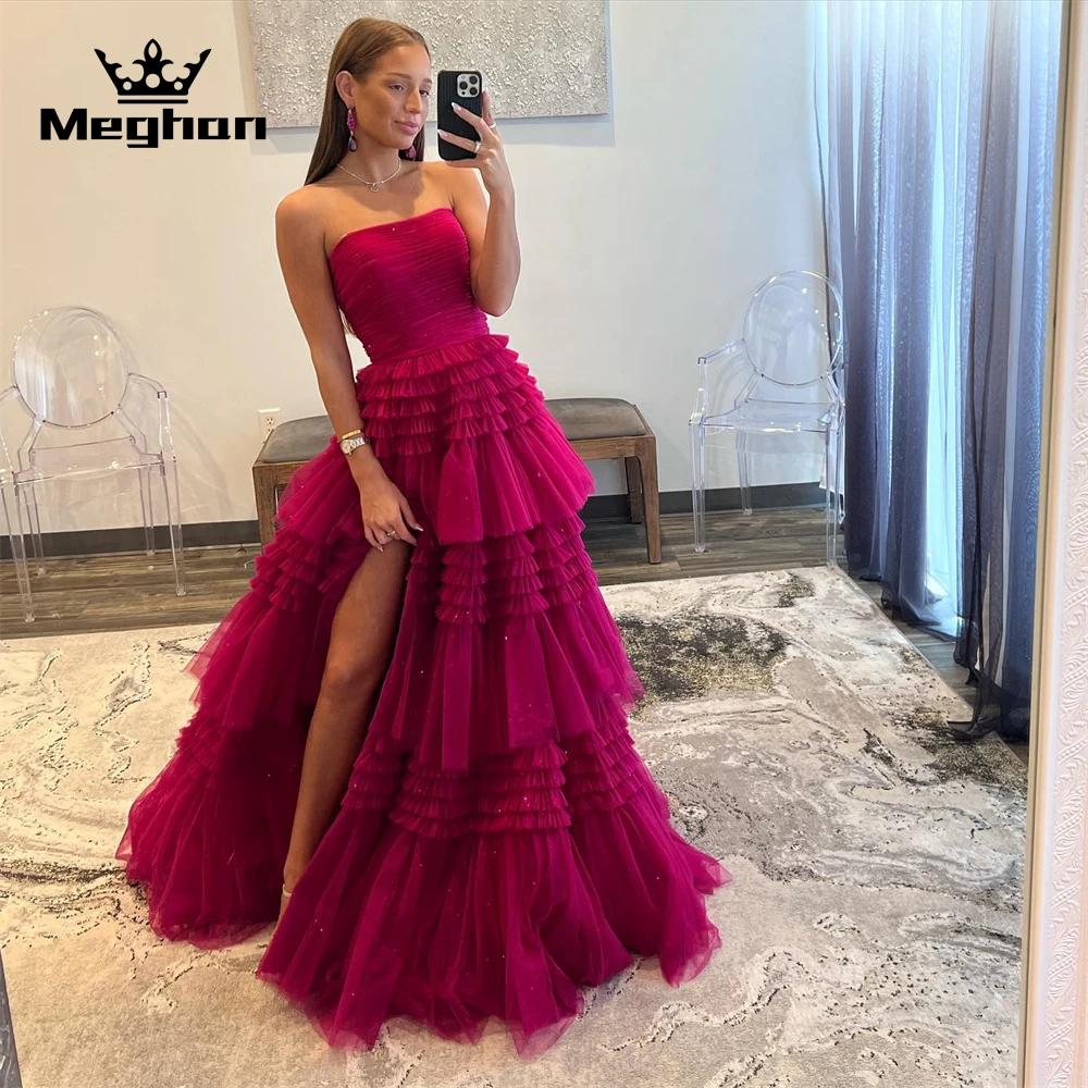 

Hot Pink Strapless Evening Dresses Tiered Birthday Party Gown High Slit Long Prom Dress Mermaid Robe De Bal